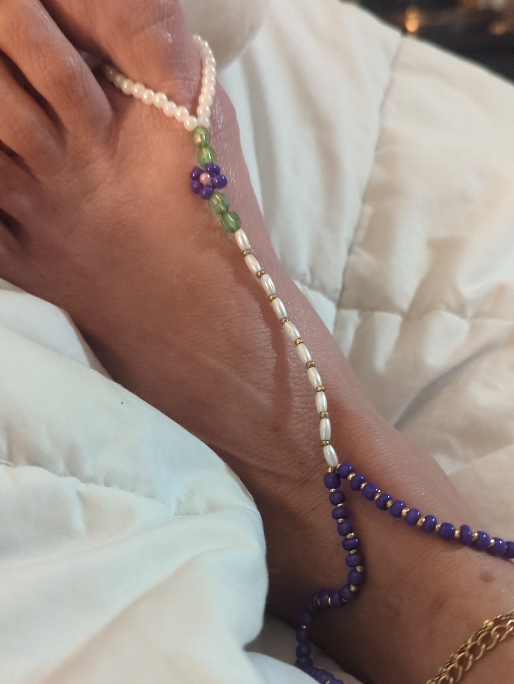 Handmade Purple Beaded Anklet with Pearl and Green Accents